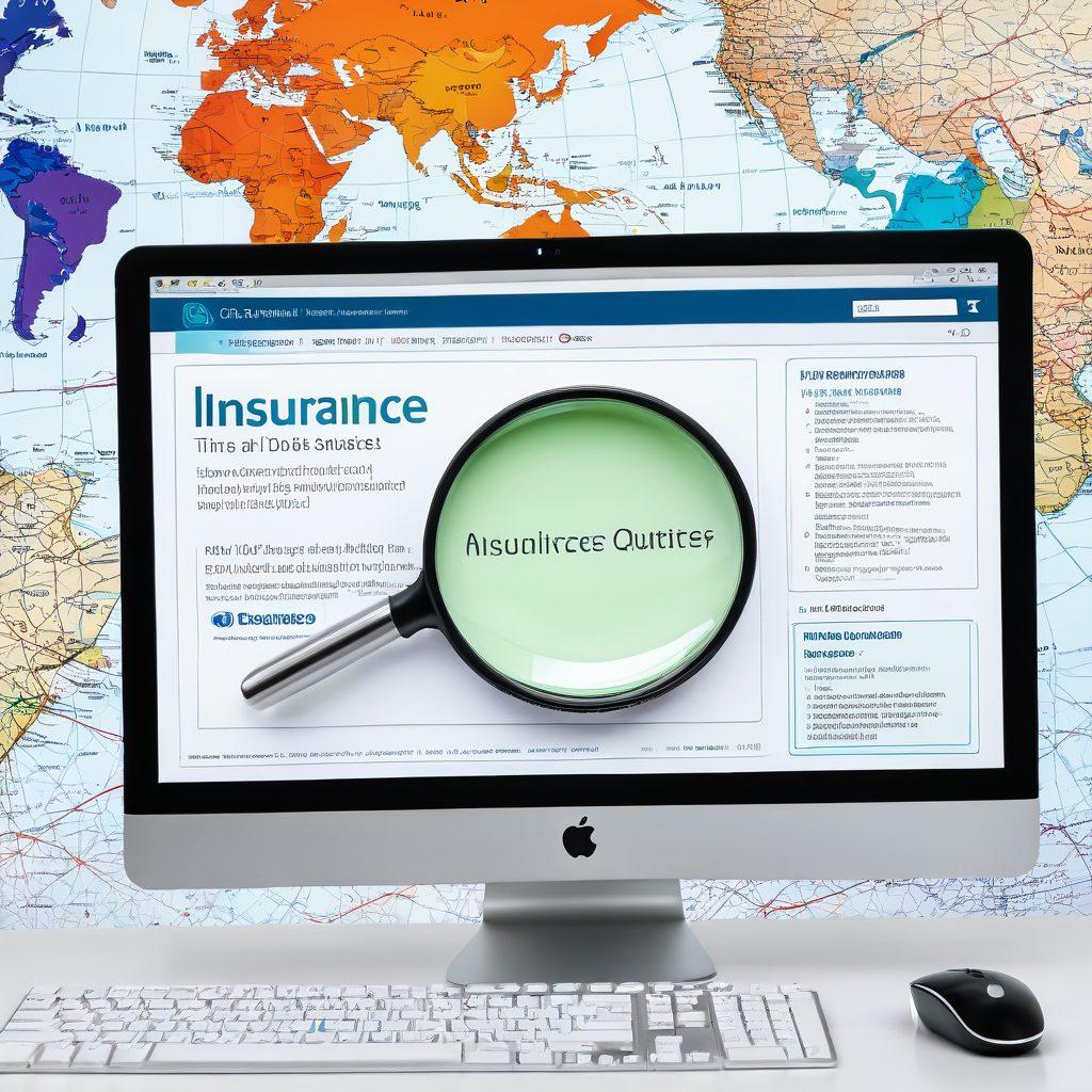 A modern computer screen displaying various insurance quotes side by side, with a magnifying glass zooming in on a specific quote. The background features an abstract digital map indicating online navigation. Vibrant colors and clean lines should emphasize a tech-savvy approach to comparing quotes and claims. super-realistic. vibrant colors. white background.