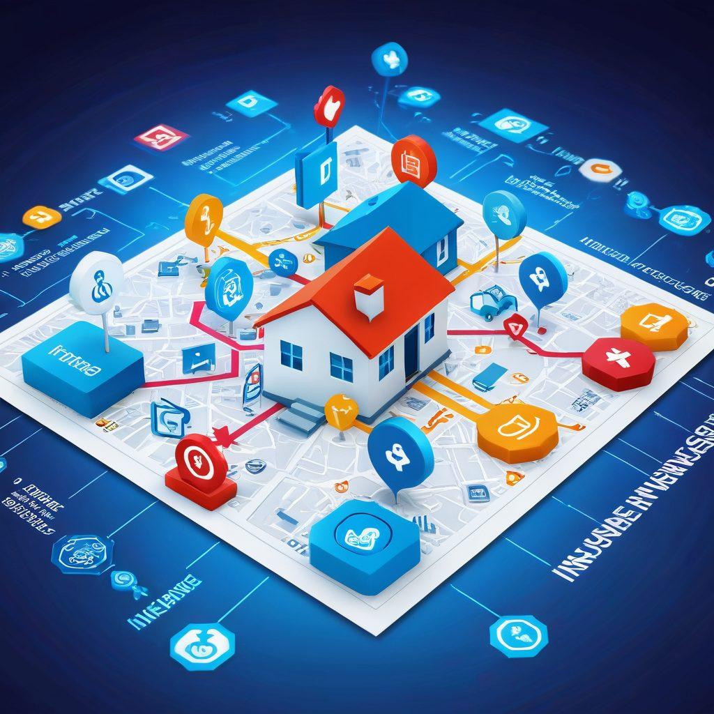 A digital navigator's map featuring diverse insurance icons like home, health, and auto. Include a cursor clicking on an online insurance policy, surrounded by a glowing digital interface. The background should symbolize the online world with abstract binary code patterns. The overall image should convey clarity and guidance in the complex world of insurance. vibrant colors. 3D.