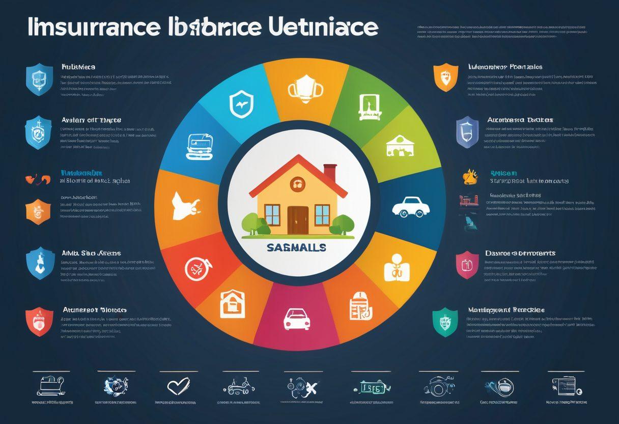 A visually engaging infographic featuring various types of insurance: health, auto, home, life, and travel. Each type displayed in colorful icons with succinct descriptions, interspersed with symbols of security like a shield or padlock. Include an overarching theme of protection and safety, with a warm, inviting color palette that draws the eye. Infused with modern design elements for a contemporary look. vector art. vibrant colors.
